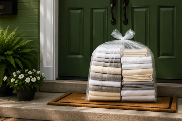 Bag of laundered towels on doorstep